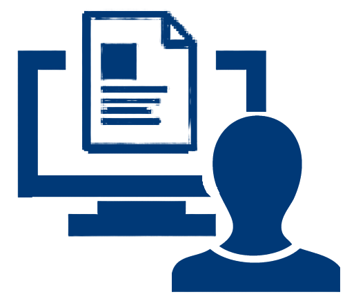Icon showing a person and a computer screen displaying a document