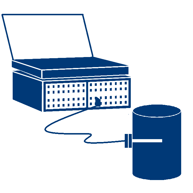 Icon of CALPlex unit, computer, and thermocouple inserted into can