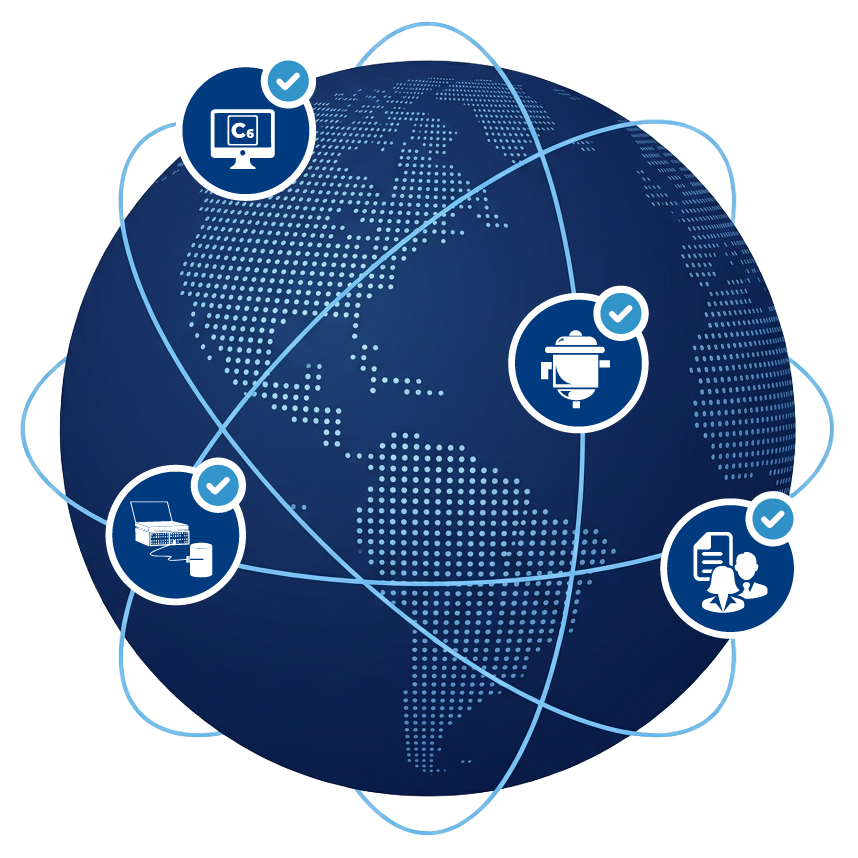 globe graphic showing TechniCAL's global reach and icons representing its product and service offerings